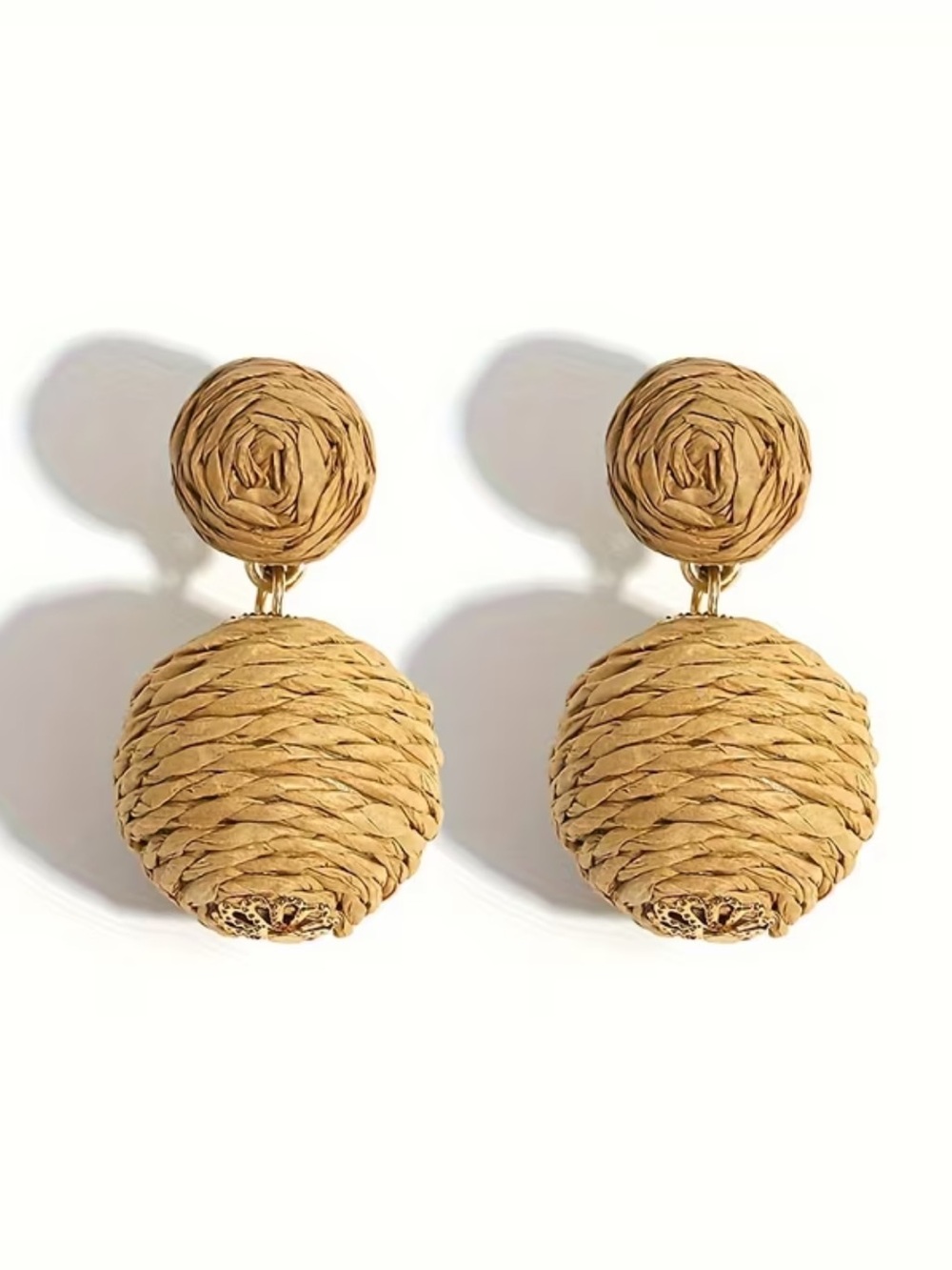 Handwoven Raffia Ball Double Drop Earrings - Tan